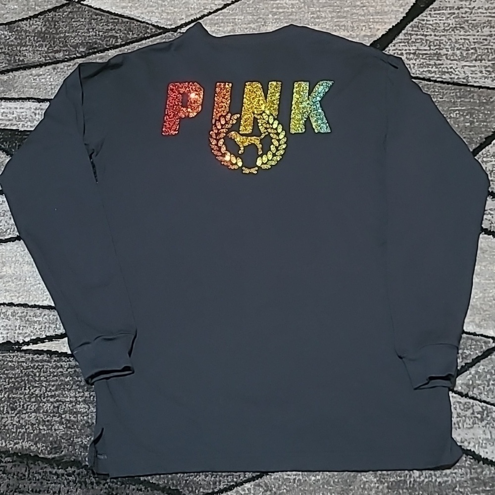 VS PINK 2019 RAINBOW SEQUINS 🌈 OMBRE DOG LOGO CAMPUS-FIT LONG-SLEEVE TEE